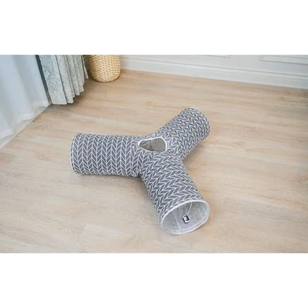 Foldable 3-Way Interactive Cat Play Tunnel w/ Hanging Ball Toy And Crinkle Sound
